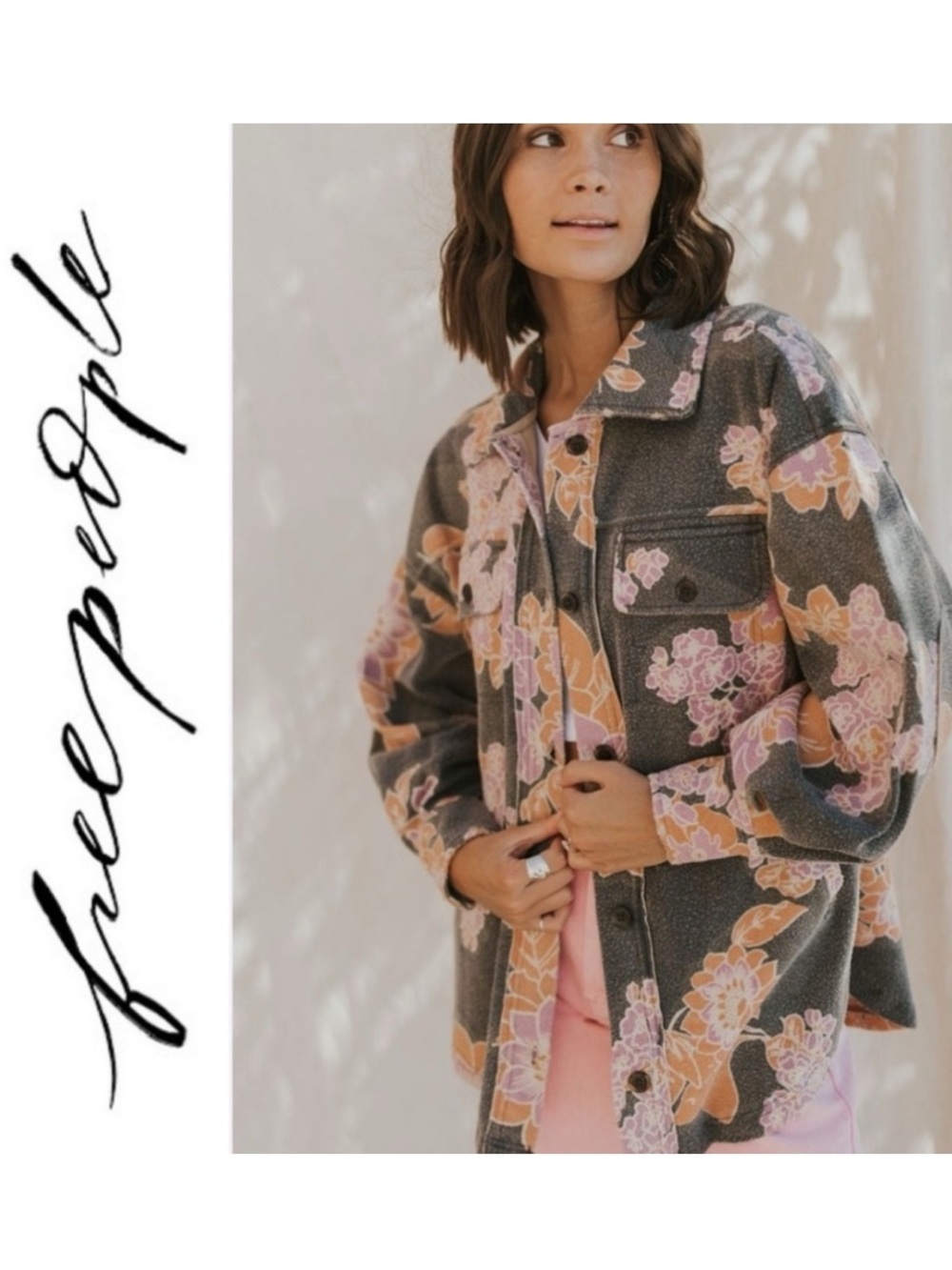 NWT Free People Printed Ruby Shacket – Charcoal Combo floral